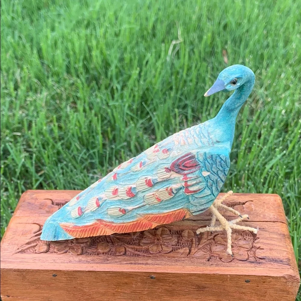 Bird Carved Colorful Wood Peacock Bird Figurine Vintage Decor